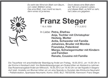 Traueranzeige von Franz Steger von Pegnitz-Zeitung